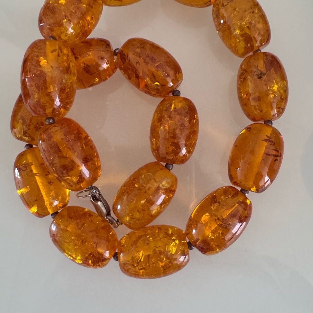 Vintage Amber Barrel Beads silver Cord beads 925